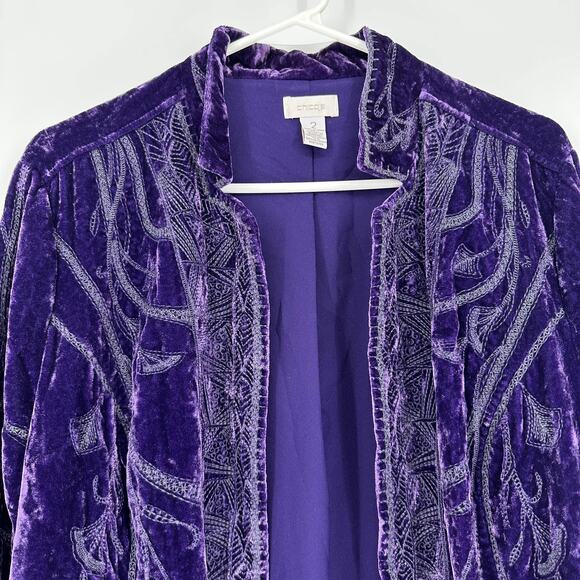 Chico's Jacket Womens Large Purple Velvet Embroidered Open Front Blazer Boho - Picture 2 of 10